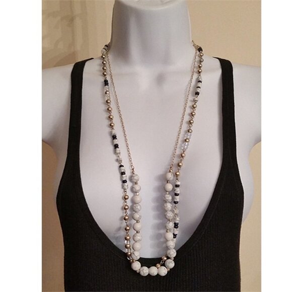 Bundle lot 2 gold tone chain and stone bead necklaces, layered look, LOFT & More - Picture 1 of 5